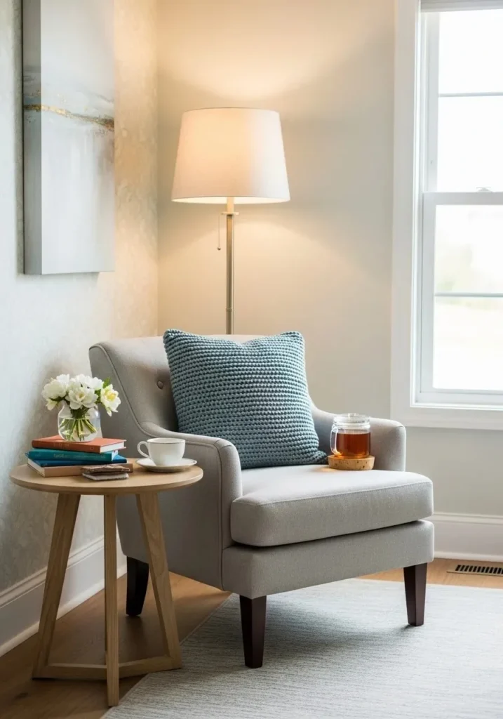 Guest room with a small seating area featuring armchair and lamp for relaxing or reading.