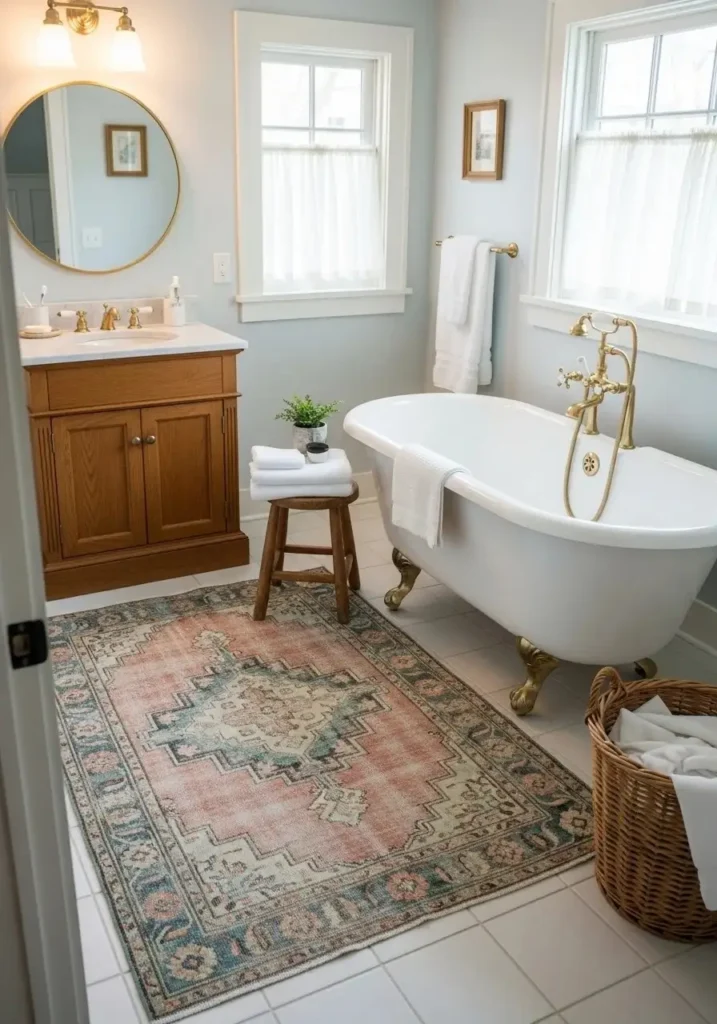 Vintage patterned bathroom rug adding charm and character