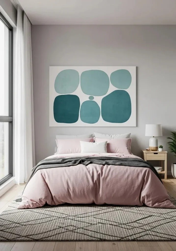 Pink bedding bedroom with bold teal wall art above bed