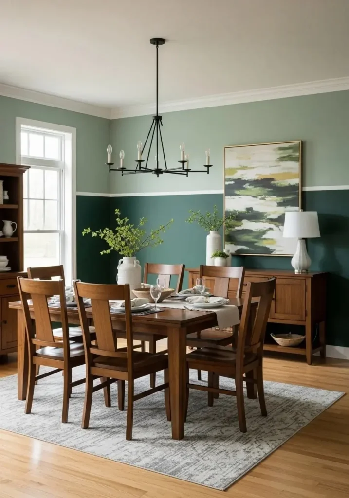 Dining room with two-tone green walls creating depth and visual interest