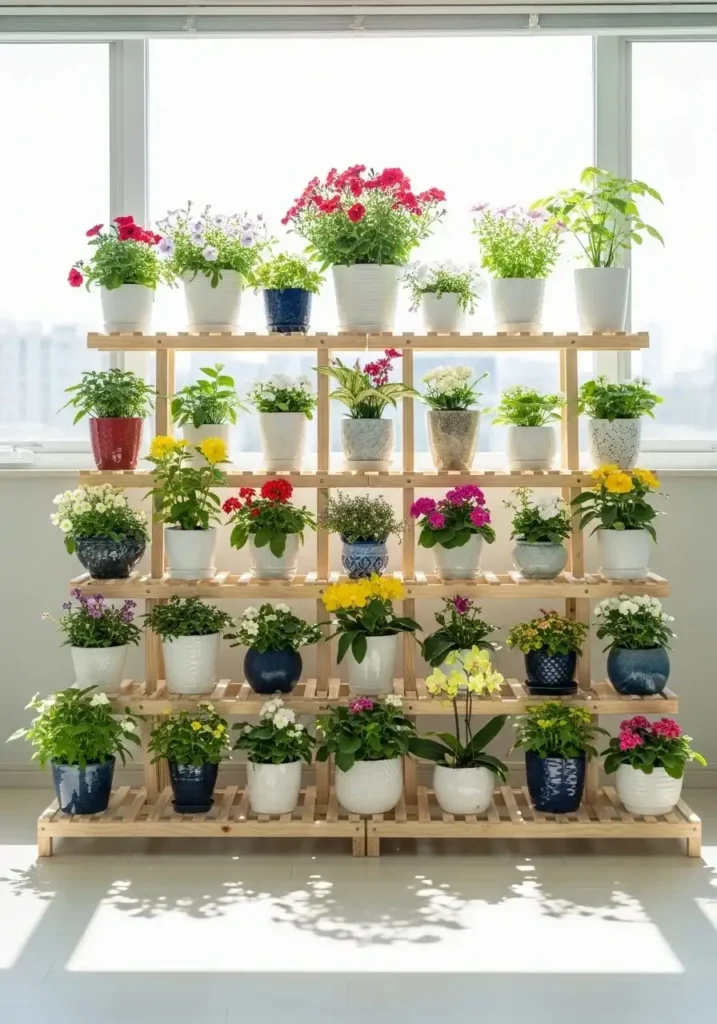 Tiered plant stand fully visible with multiple pots arranged neatly