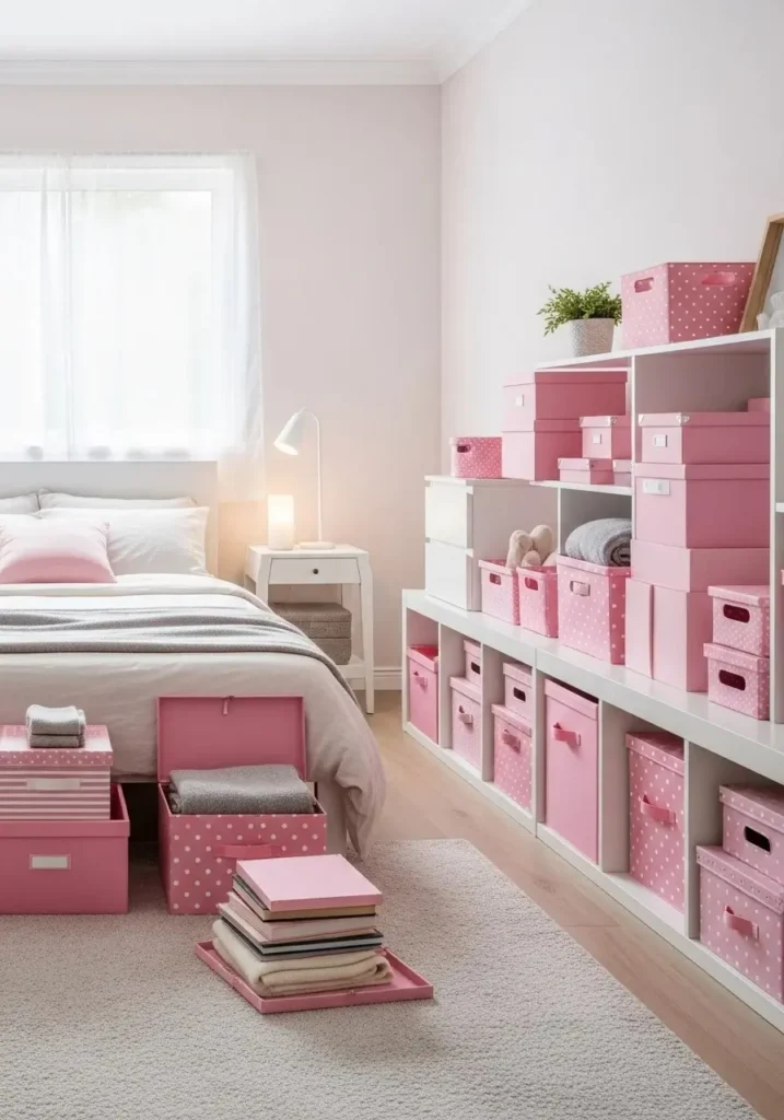 Pink storage solutions combining style and organization in bedroom