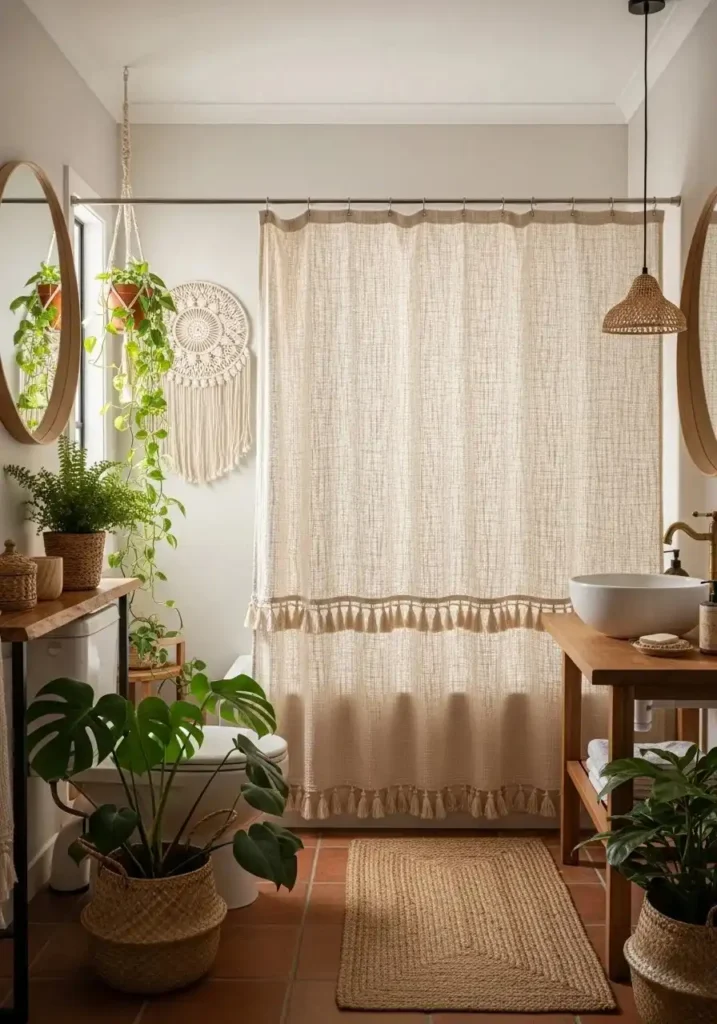 Boho bathroom curtain with tassels and natural textures