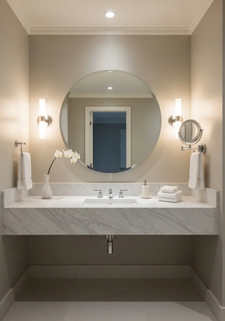Stylish bathroom with statement mirror that enhances light and makes the space feel larger
