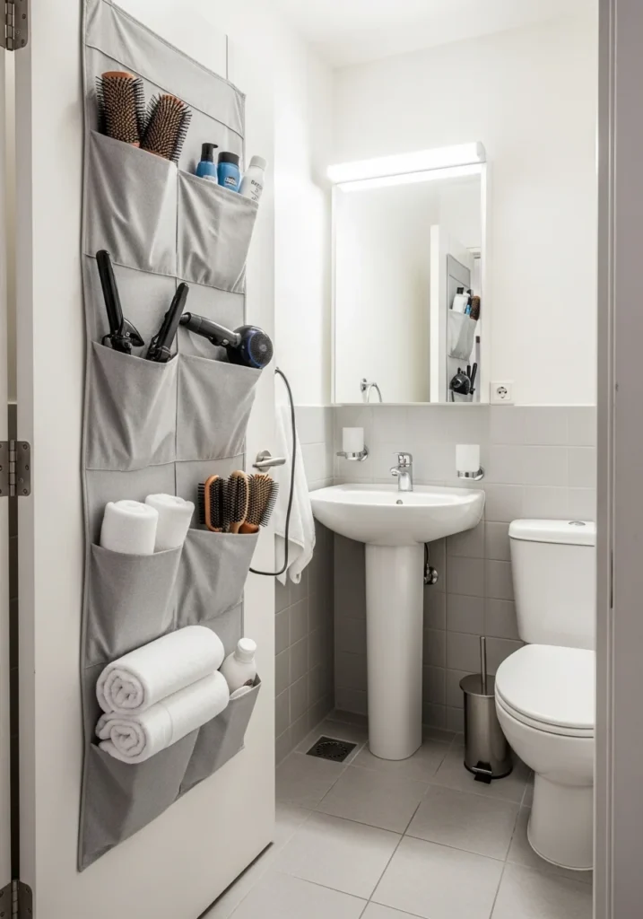 Door-mounted organizer holding bathroom essentials in a small space.