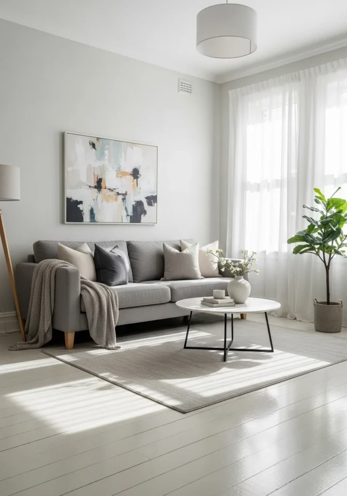 Grey couch with sheer curtains creating a light and airy atmosphere