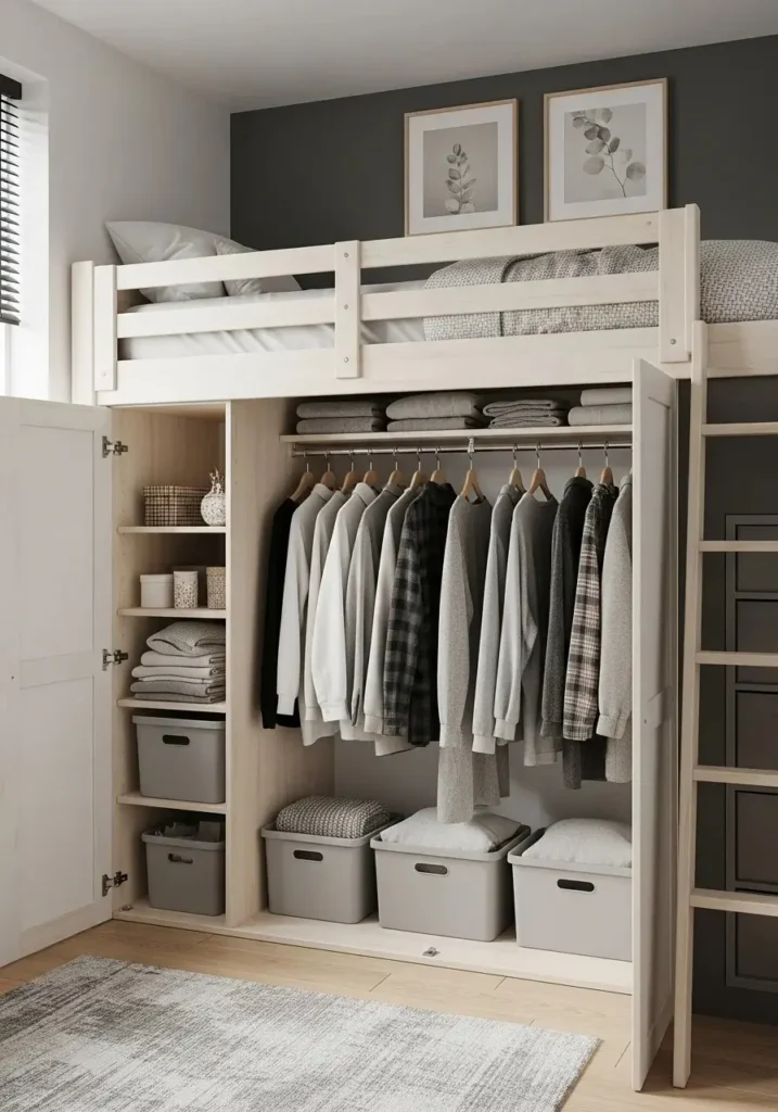 Loft bed with wardrobe storage underneath for small spaces