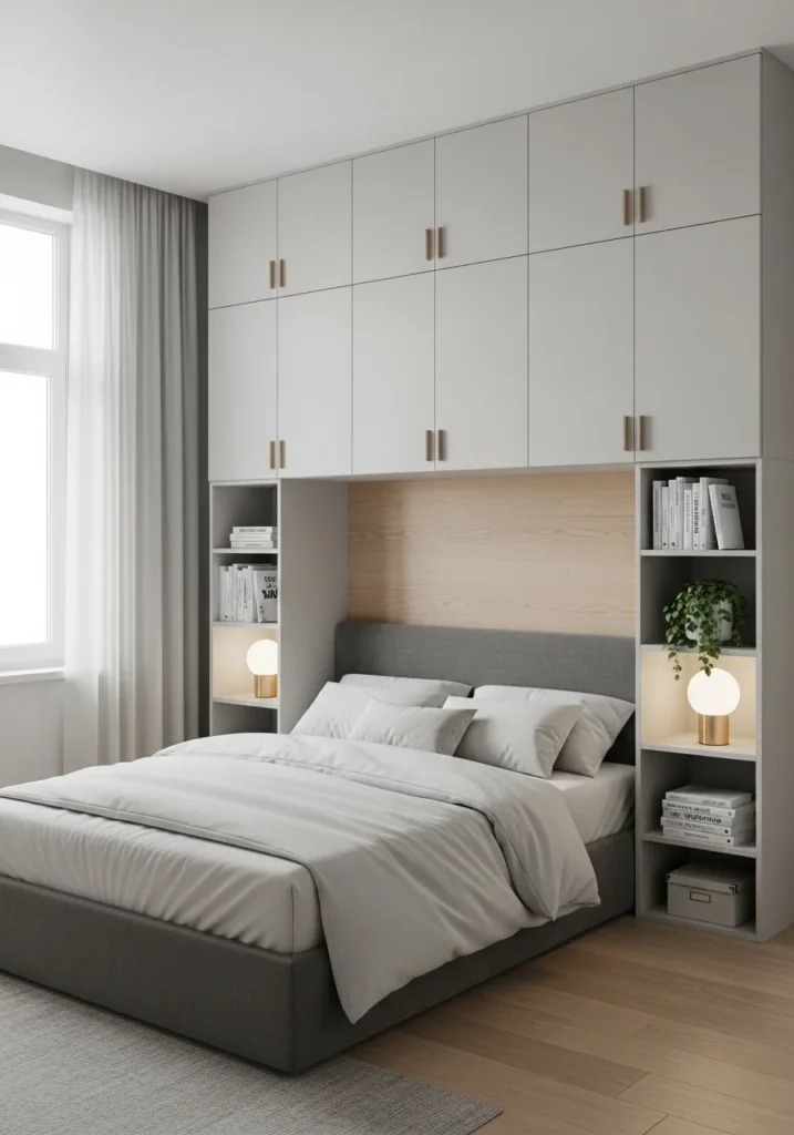 Built-in storage wall maximizing bedroom organization