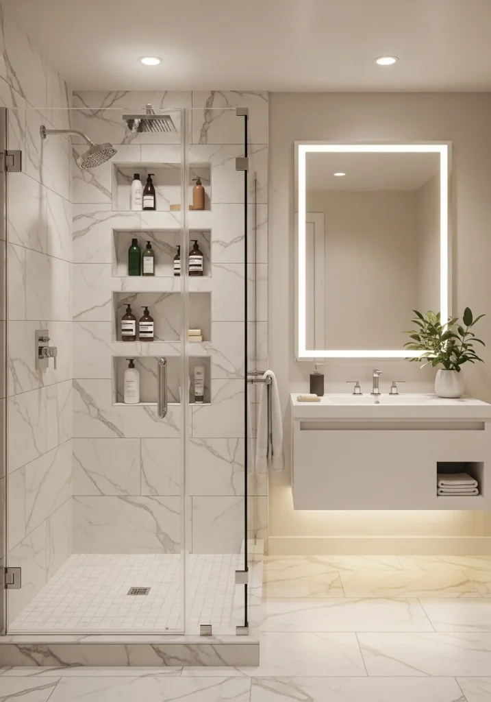 Built-in shower wall niche storing toiletries neatly in tiled bathroom.