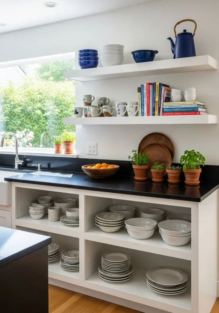black countertops white open shelving kitchen styling idea