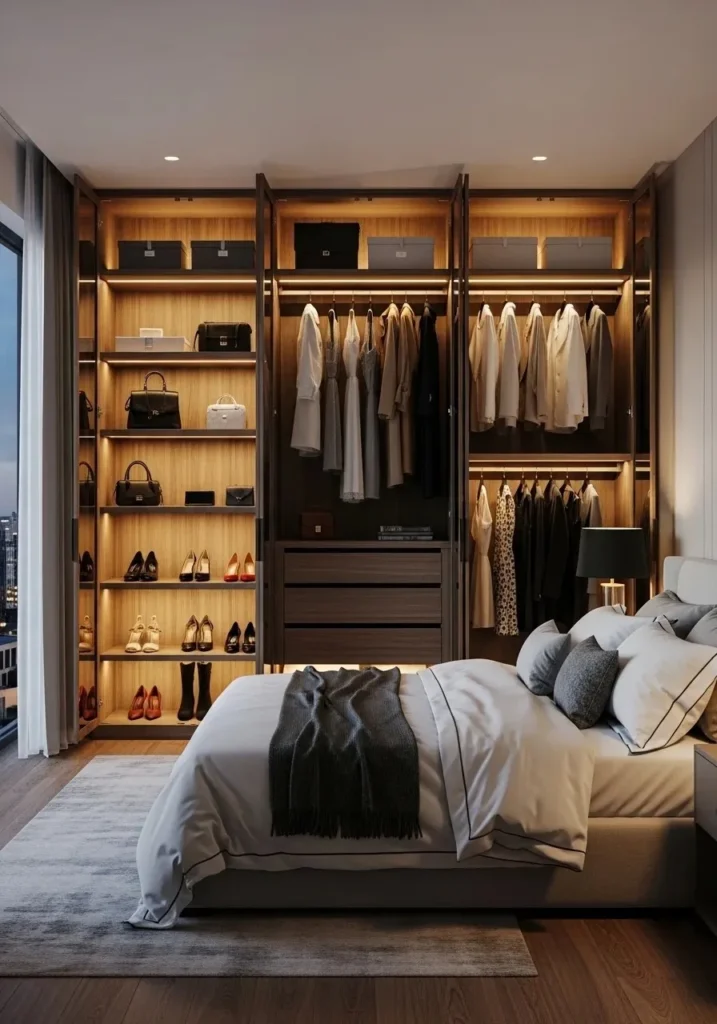 open closet with built-in lighting and warm glowing shelves