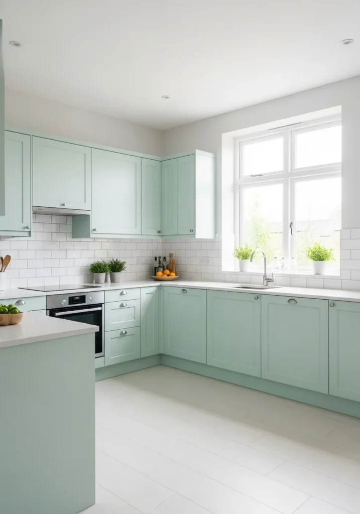 Mint green kitchen cabinets with bright and fresh modern design