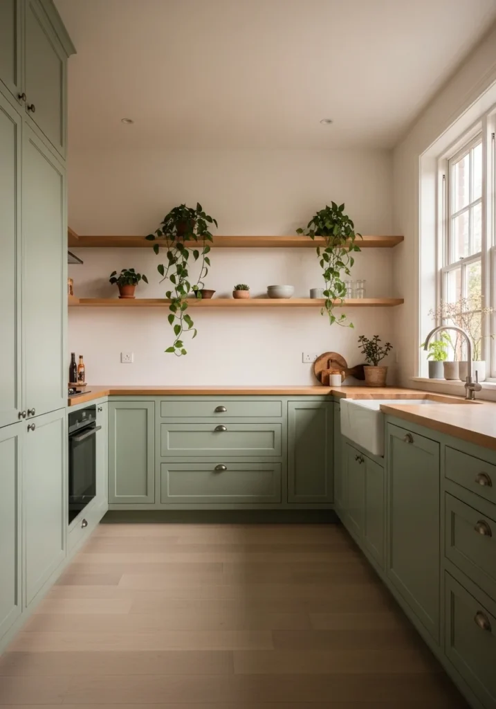 Sage green kitchen cabinets with natural and calming design