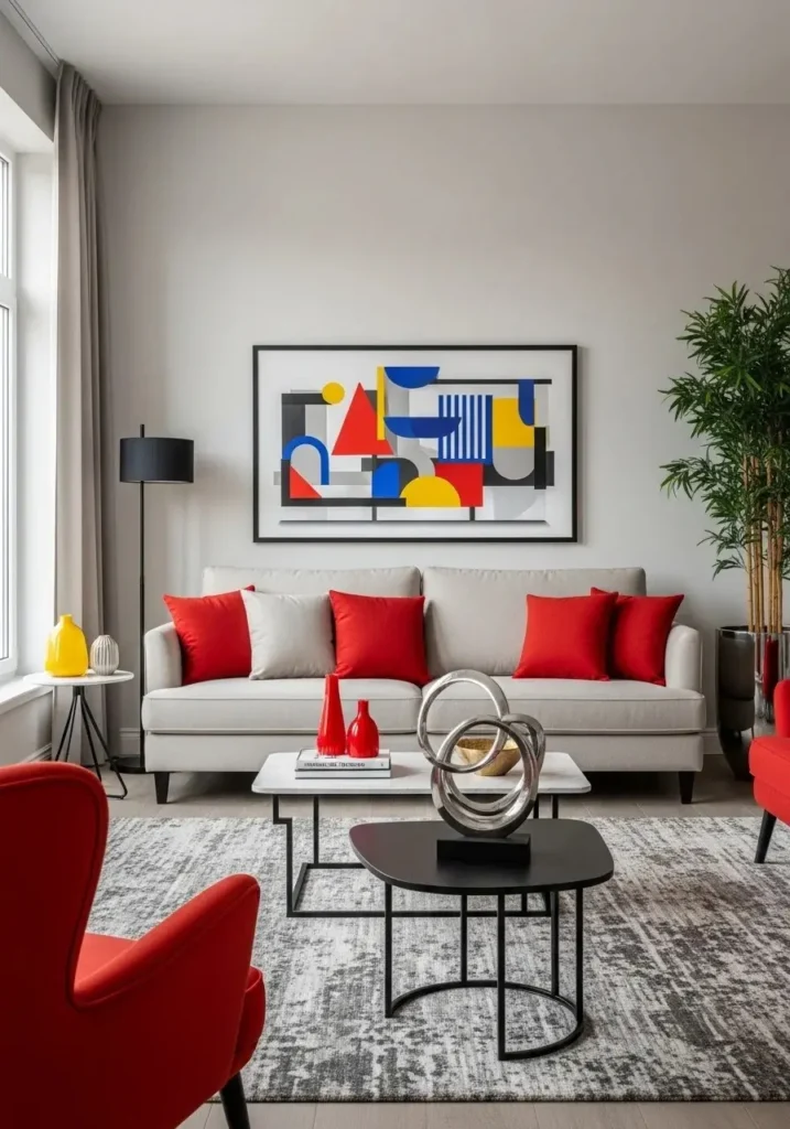 Red and neutral living room color combination for bold statement look