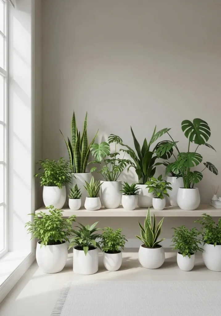 Minimalist white ceramic flower pots styled on a clean shelf with full balanced view