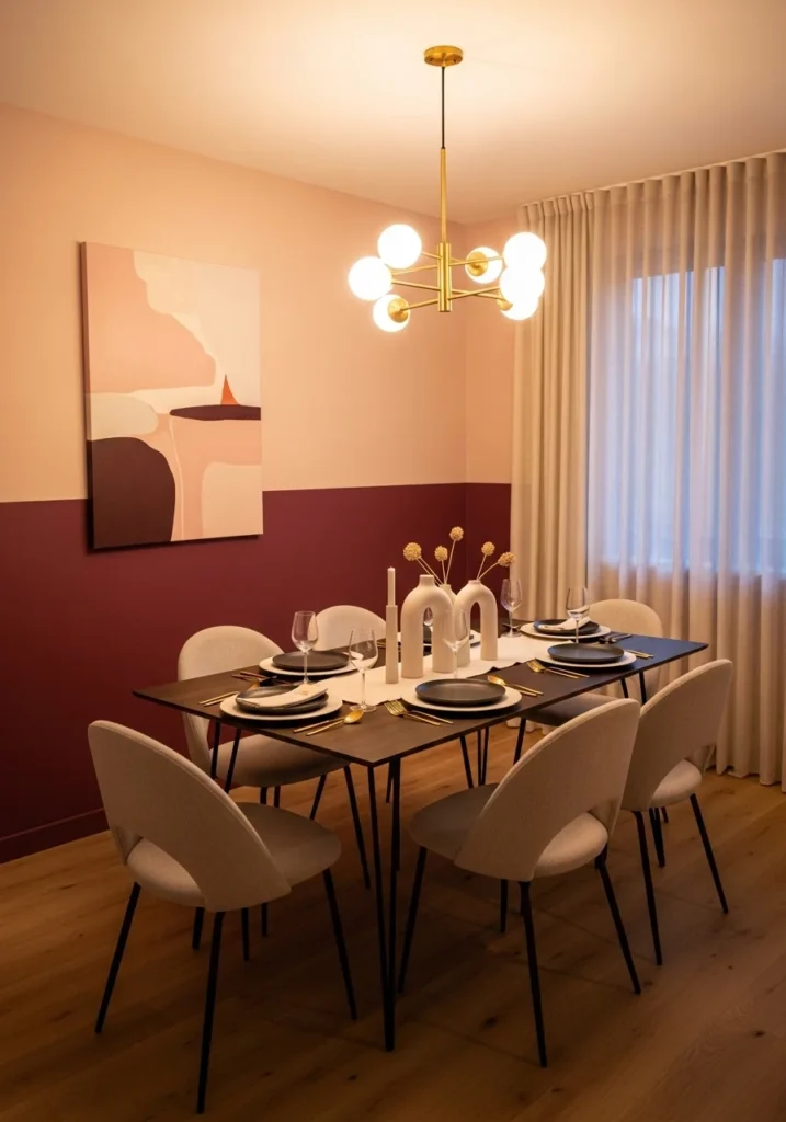 Two-tone dining room walls in blush and burgundy creating depth and modern style