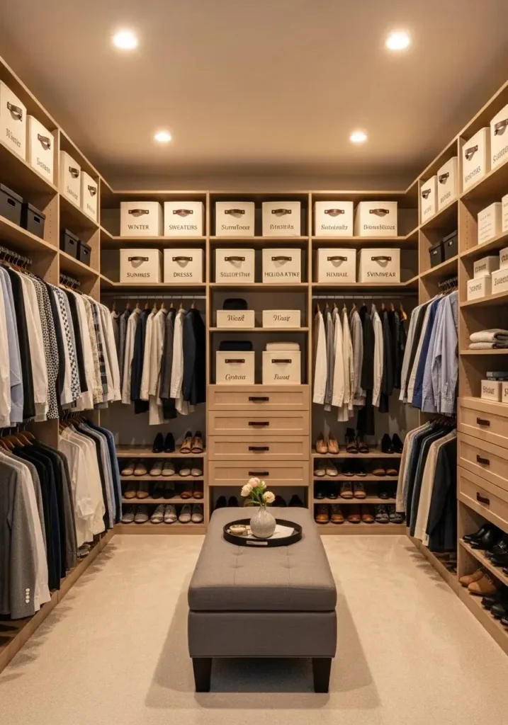 Seasonal clothing stored in labeled bins for better organization