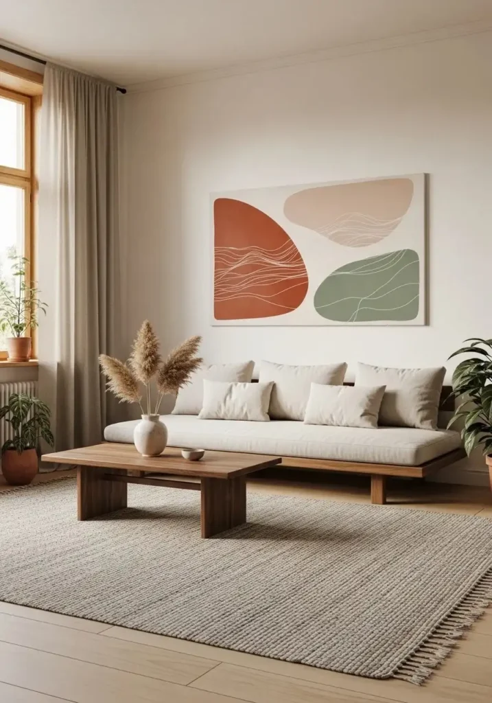 Minimal wall art in Japandi living room with soft tones