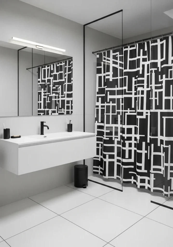 Monochrome bathroom curtain for a clean and modern design