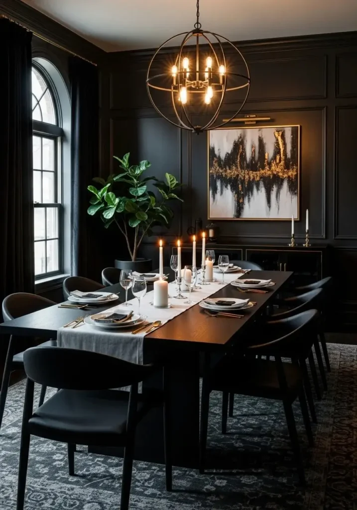 moody dining room with dark wall paneling and elegant design