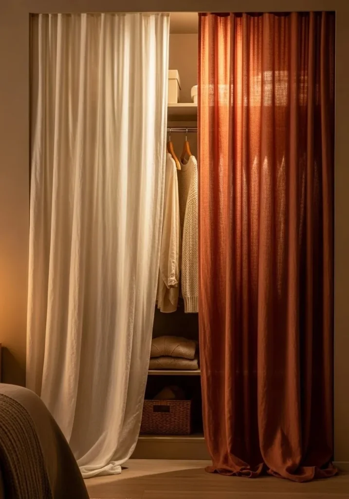 open closet with curtain cover for flexible storage design
