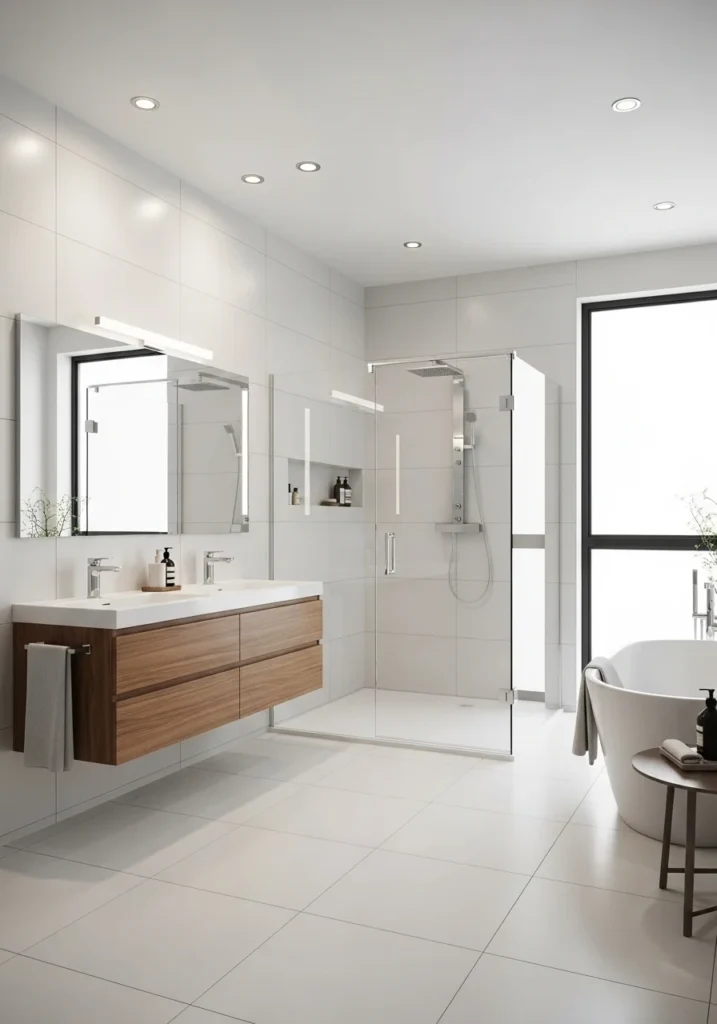 Bathroom with glass shower enclosure creating a bright and open modern design