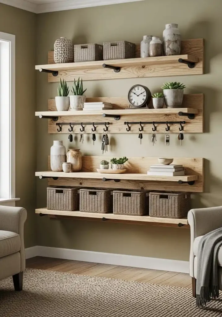 Floating shelves with hooks providing functional and stylish storage in living room