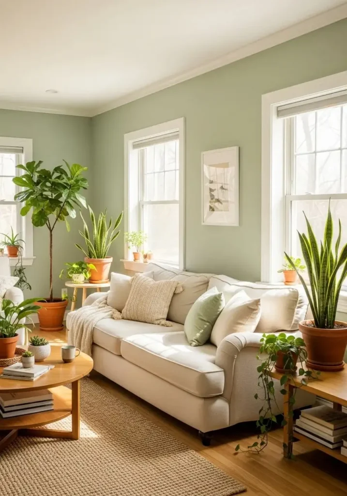 Sage green and cream living room color combination for calm atmosphere
