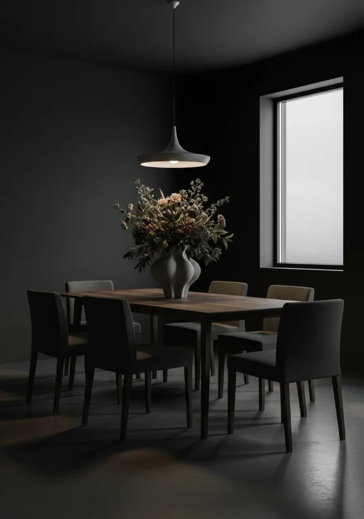 moody dining room with minimal decor and bold centerpiece
