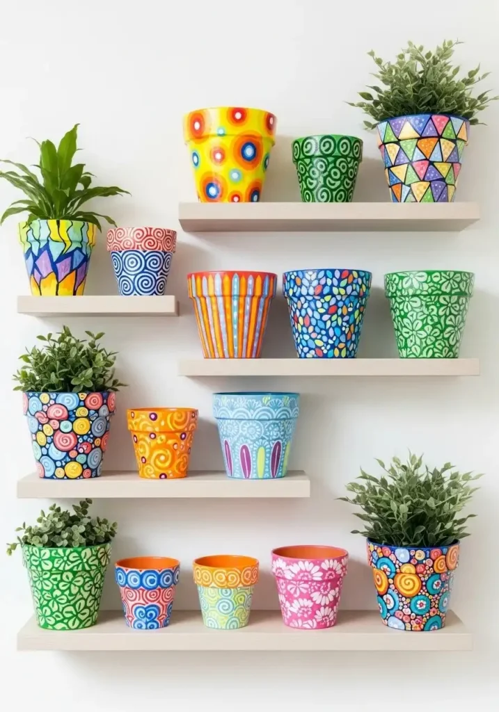 Colorful painted flower pots displayed clearly on a shelf