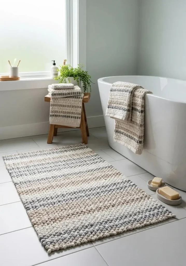 Textured cotton bathroom rug adding comfort and subtle detail