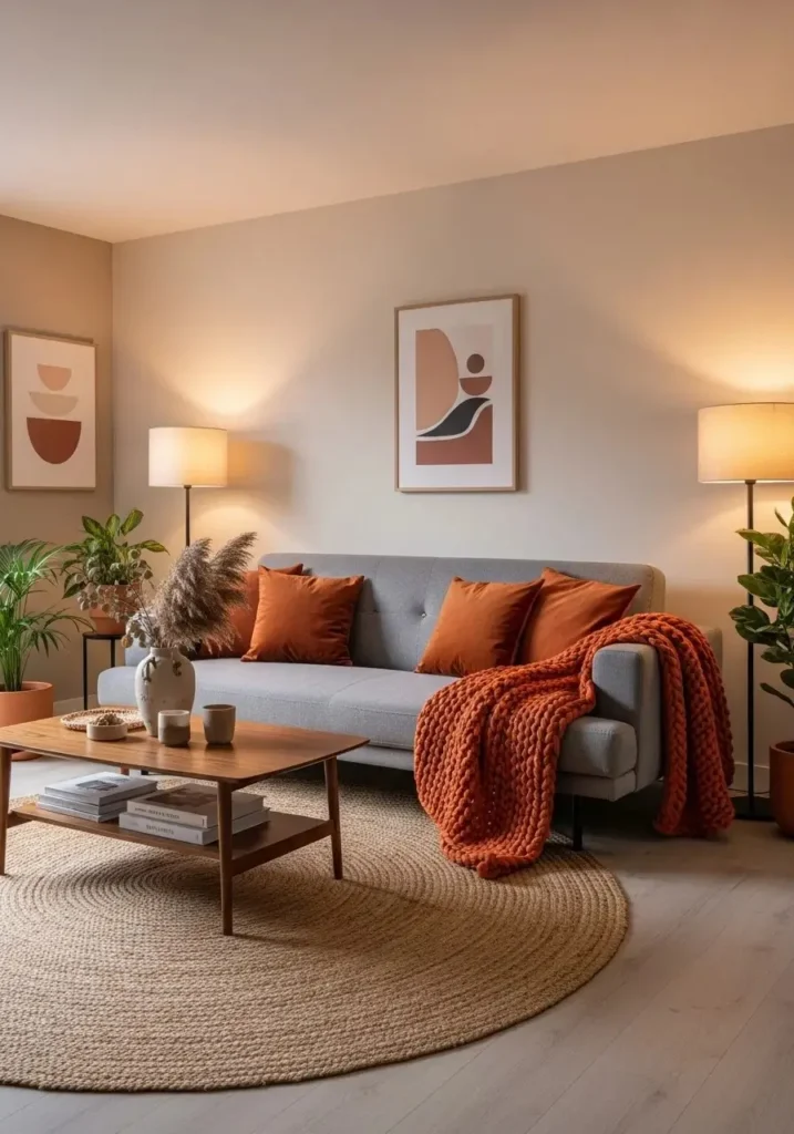 Grey couch with burnt orange accents adding warmth and personality