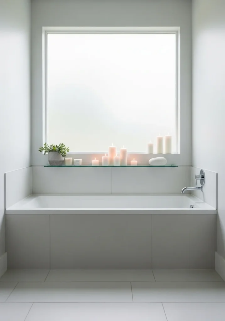 Glass shelf above tub adding storage without visual clutter