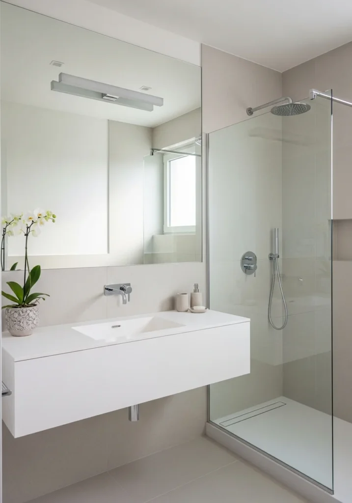 Large mirror making a small bathroom with walk-in shower feel bigger
