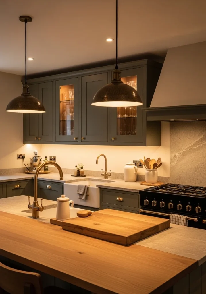 Olive green kitchen cabinets paired with warm wood accents