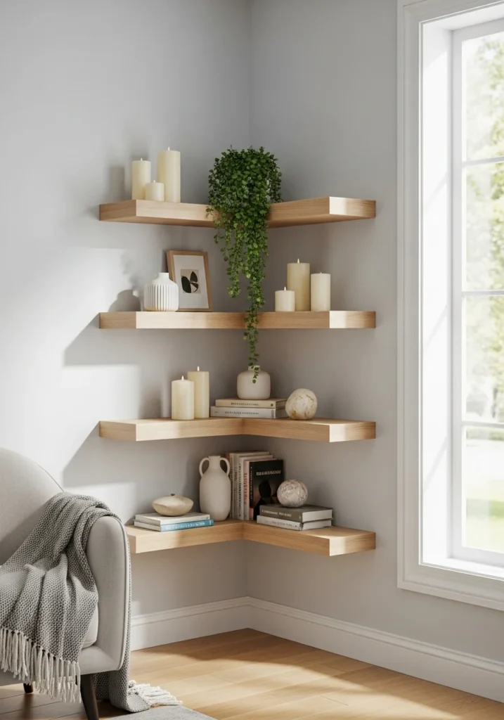 Floating corner shelves making use of overlooked space with plants and décor