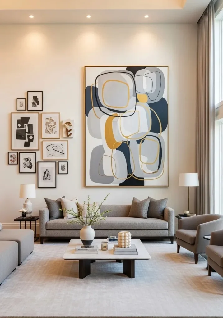 Luxury living room featuring curated art wall as elegant focal point.