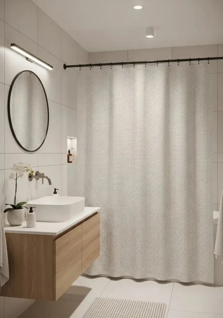 Waffle textured bathroom curtain adding subtle detail and depth