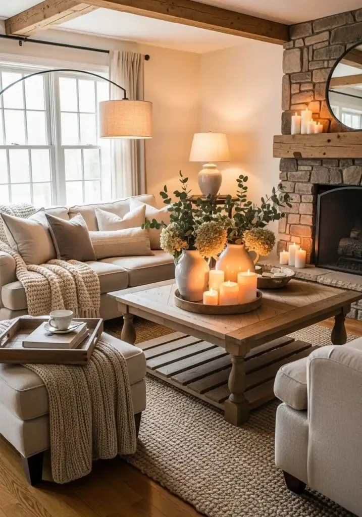 Cozy farmhouse living room finishing touches with candles and warm decor