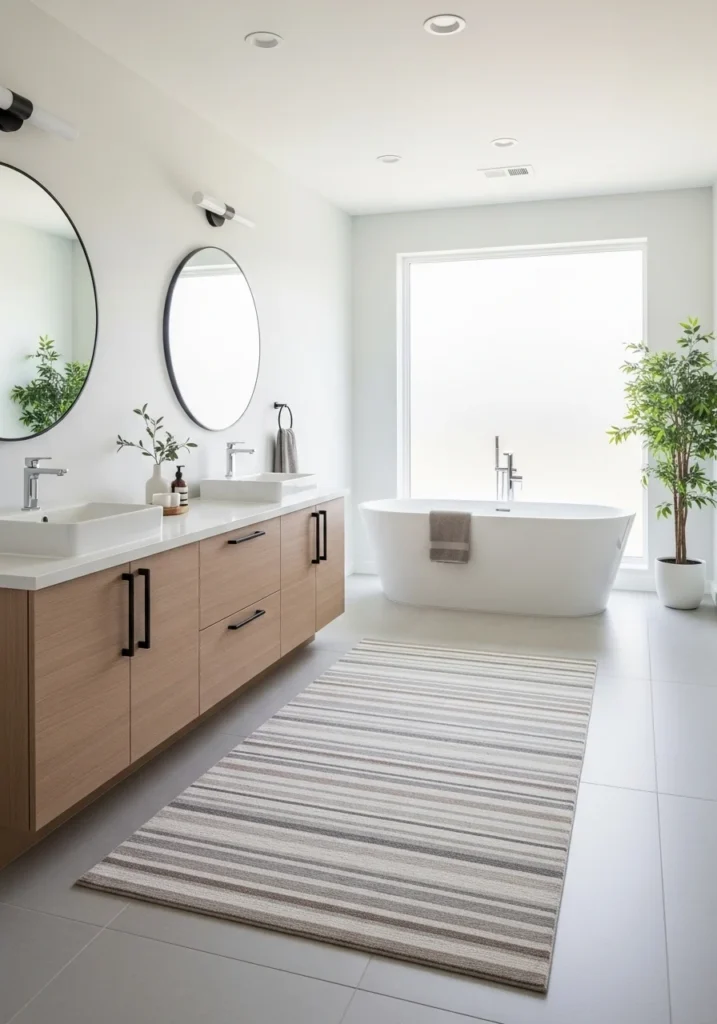 Striped bathroom rug adding a fresh and timeless look