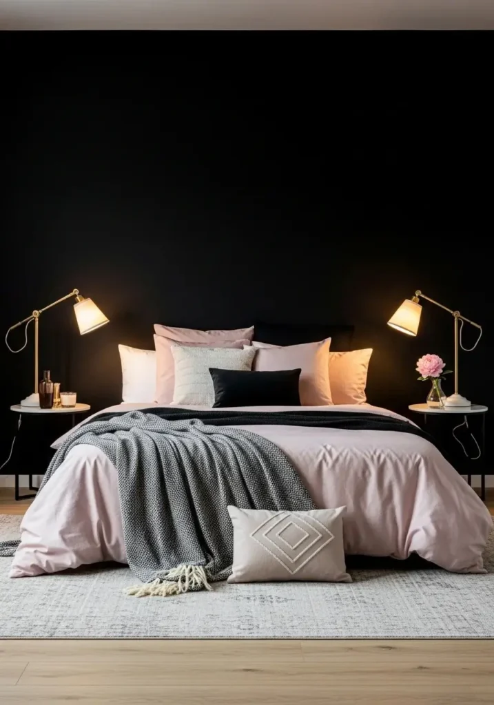 Black accent wall paired with soft pink bedding for a bold cozy bedroom
