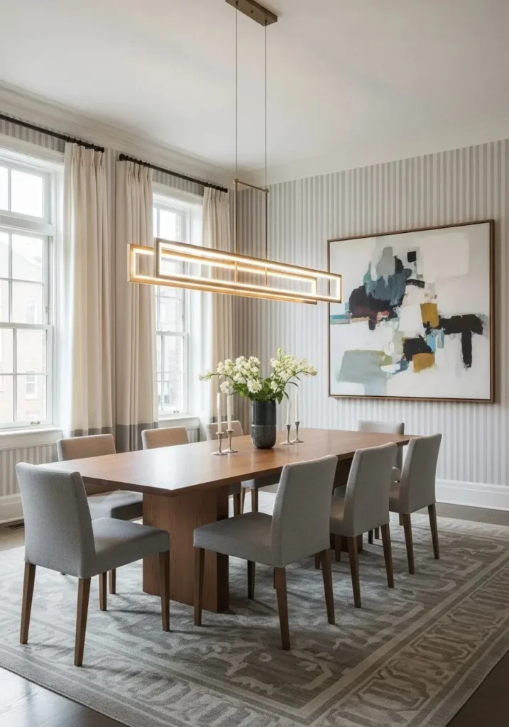 Striped wallpaper enhancing height and elegance in dining room