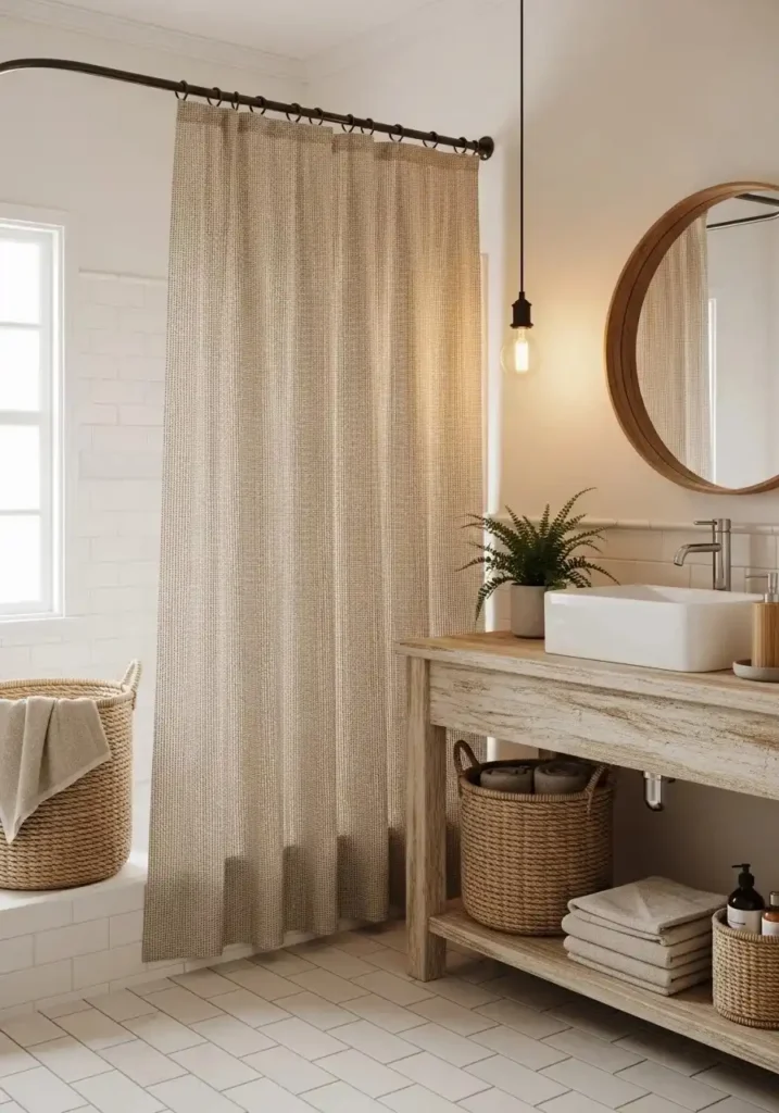 Beige bathroom curtain creating a warm and cozy natural feel