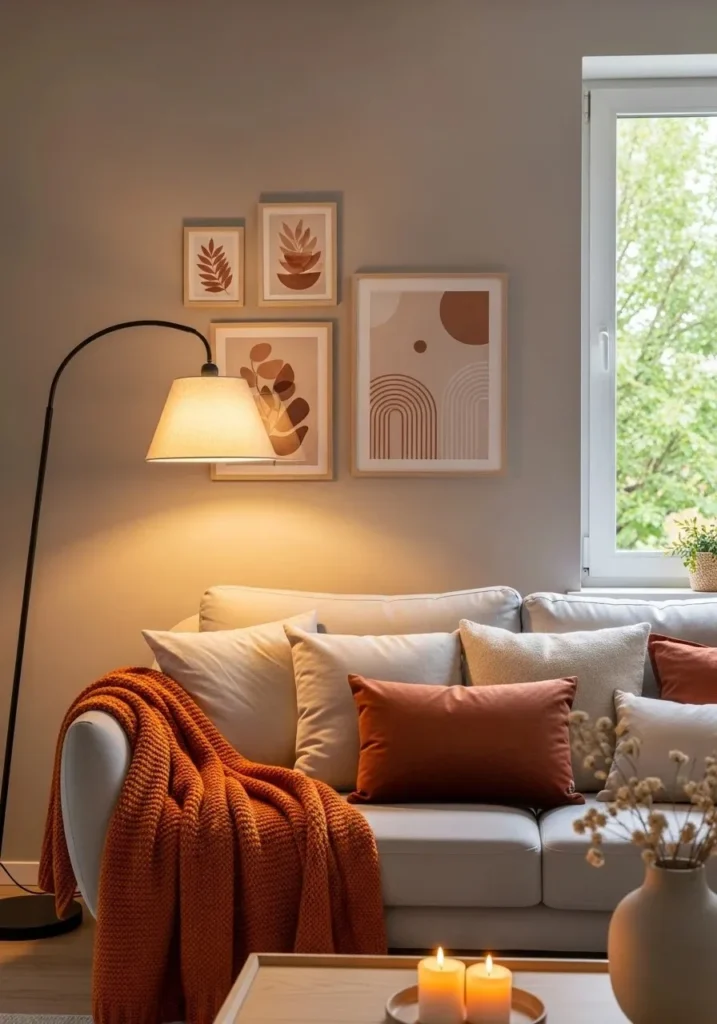 Burnt orange textiles adding softness and comfort to living room decor