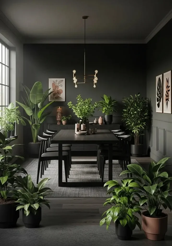 moody dining room with greenery and natural balance