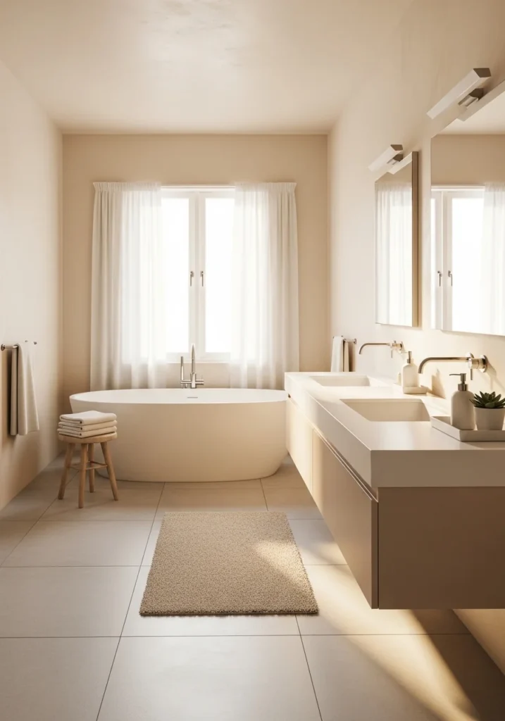 Neutral bathroom with soft beige and white tones creating a calm and relaxing spa-like atmosphere