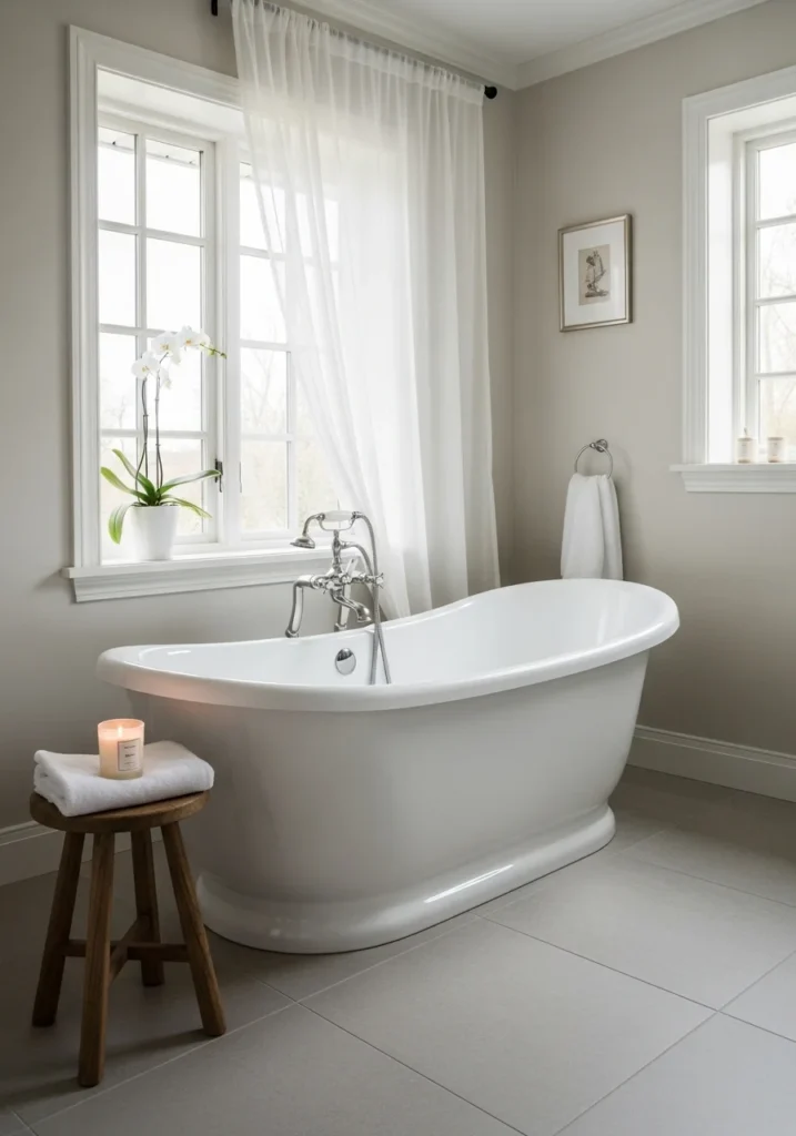 Freestanding bathtub in a calm luxury primary bathroom setting