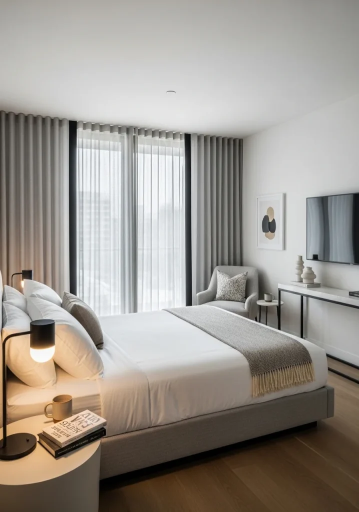 Guest room window treatments with light curtains and blackout panels for style and comfort