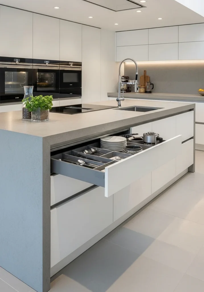 Waterfall island with built-in storage drawers for smart kitchen design