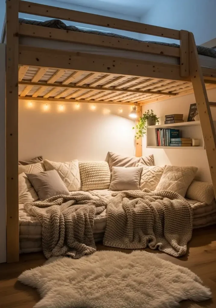 Reading nook under loft bed with cushions and warm cozy lighting